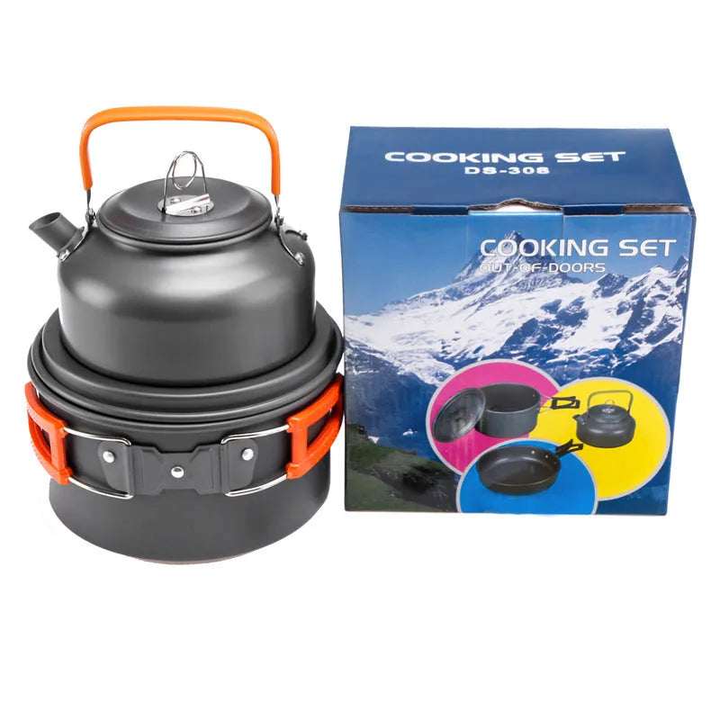 Hard aluminium camping mess kit with teapot, frying pan, boiling pot and cutlery in black colour
