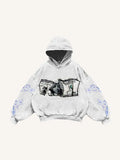 Printed polyester sweater in black, blue, pink, or white, sizes XS to 3XL