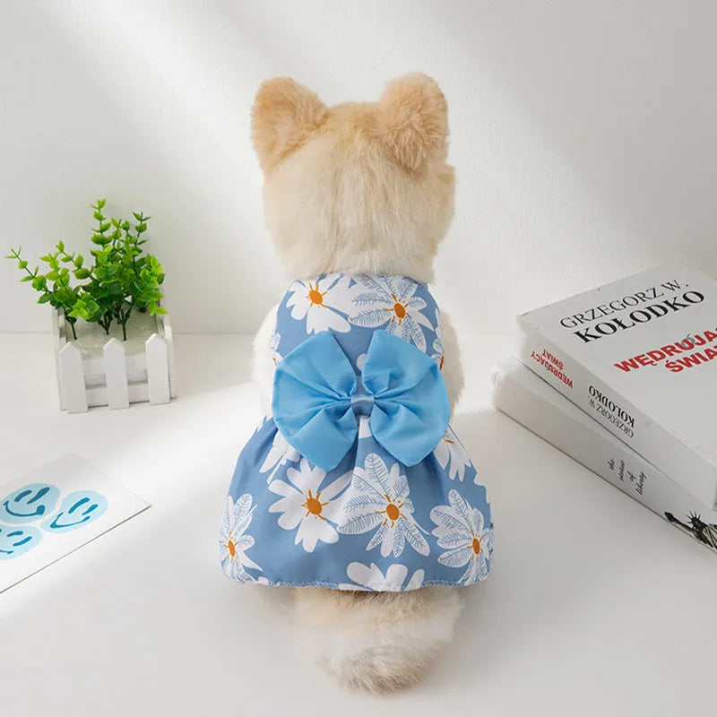 Ultra-thin polyester princess dress for pets with floral butterfly knot design in blue bow colour