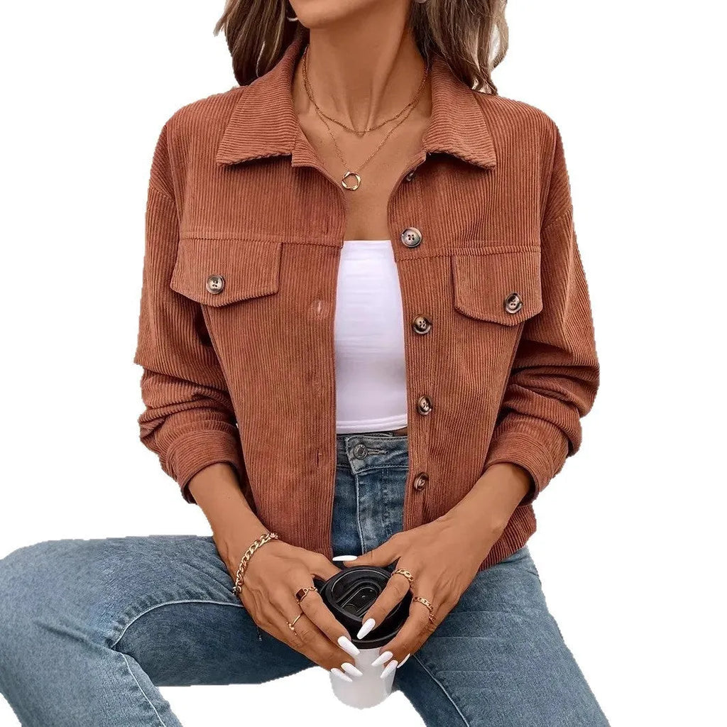 Women's artistic retro long sleeve shirt coat jacket in polyester fabric with loose fit design