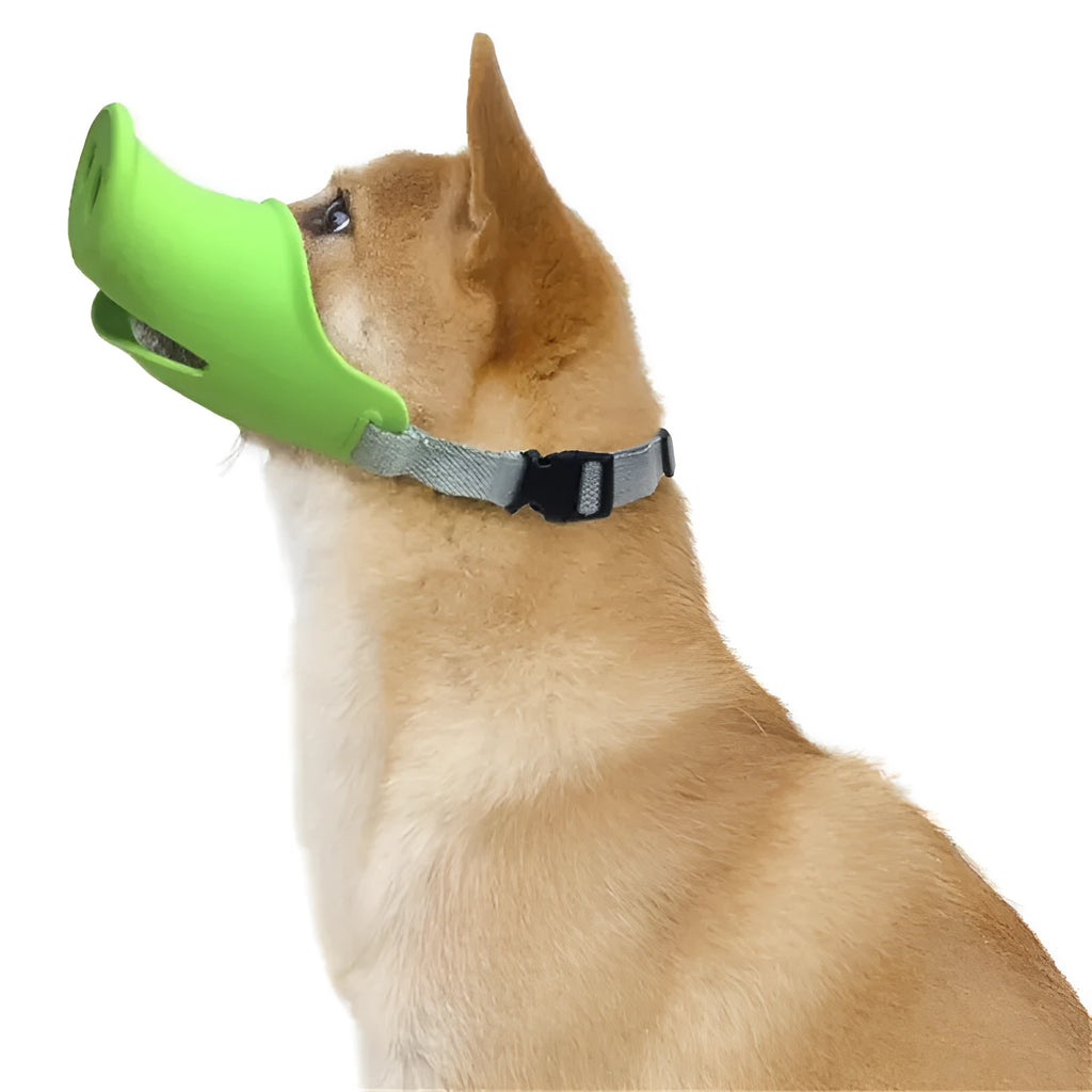 Blue and green silicone dog anti-bite mouth covers shown in large and small sizes.