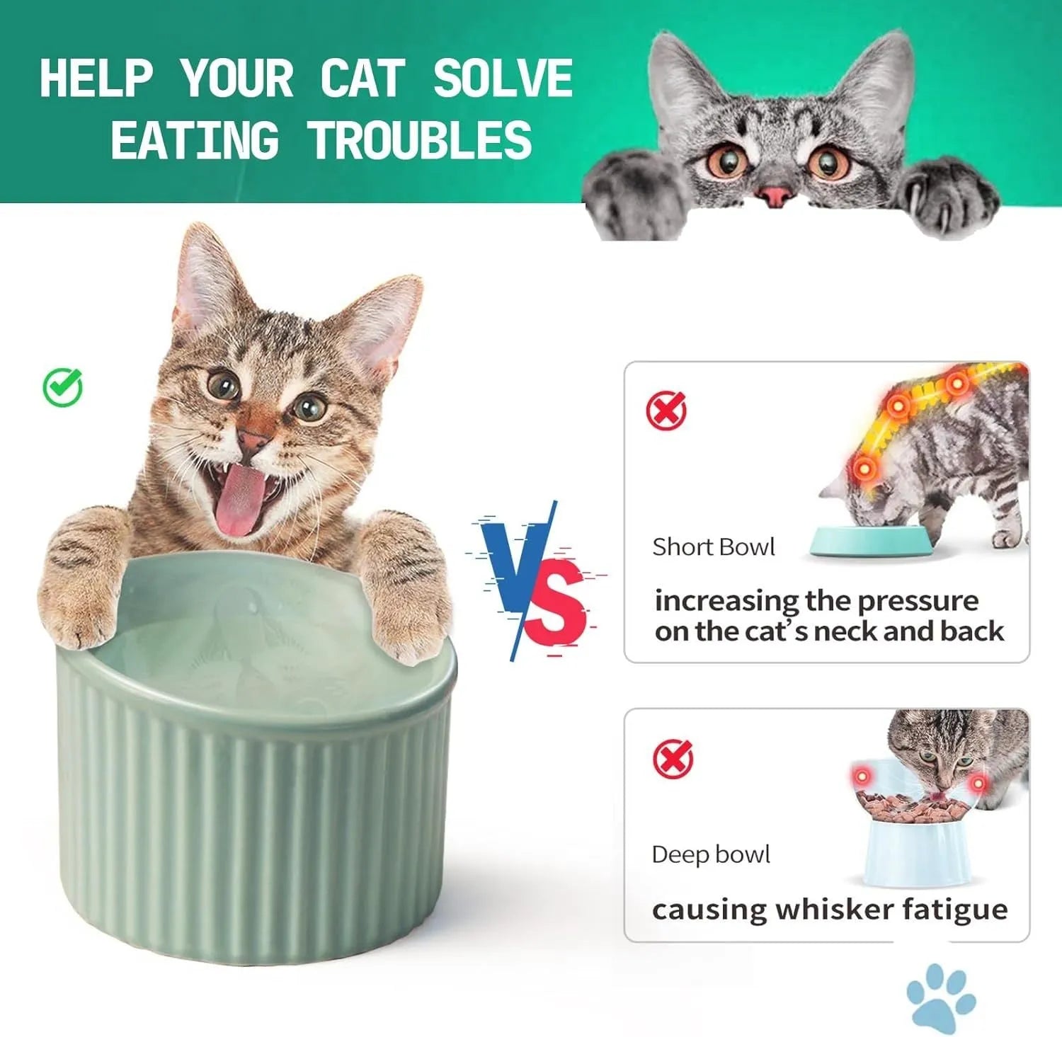 A dark green ceramic elevated cat bowl showing its raised height and round, whisker-friendly shape.