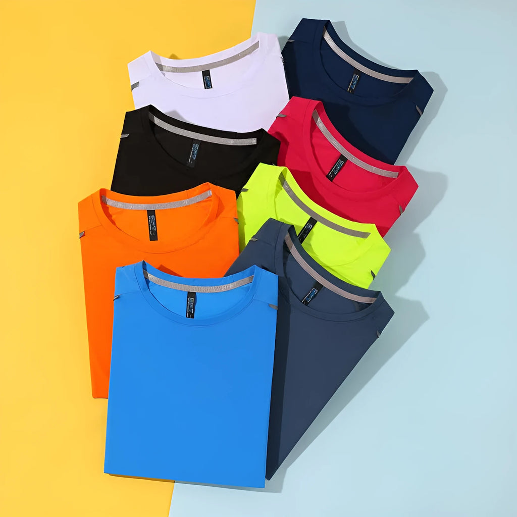 A round neck short sleeve sports T-shirt on a hanger, shown in peacock blue colour.