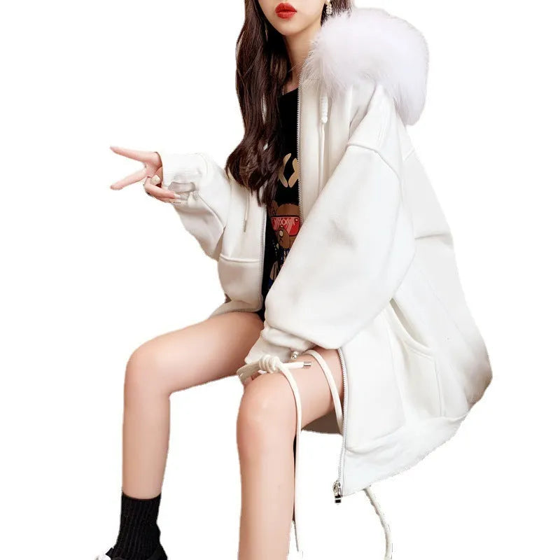 Plus size fleece-lined hooded cardigan sweater in white, grey or black, loose retro style, long sleeves, sizes M L XL