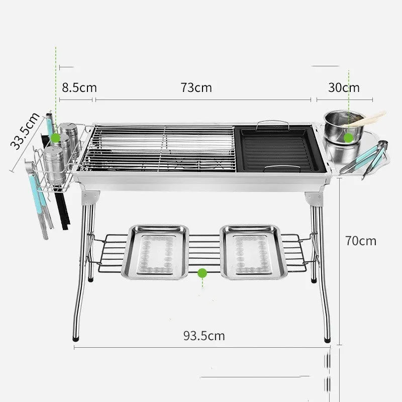 Large stainless steel portable folding barbecue oven with grill, shown unfolded for use.