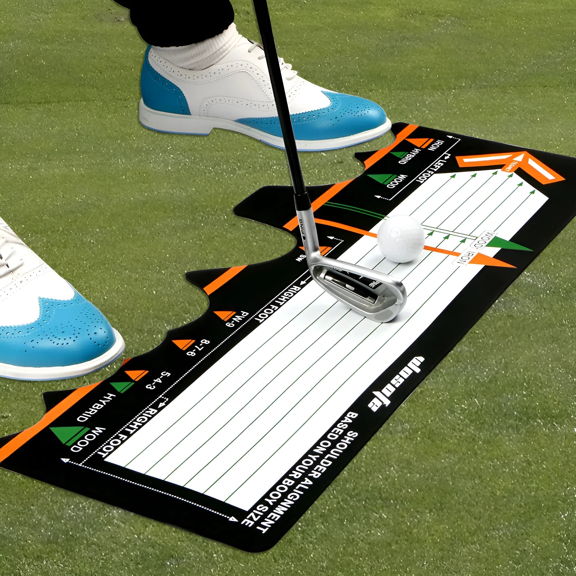 Black neoprene golf swing training pad with alignment markings on a green artificial turf surface.
