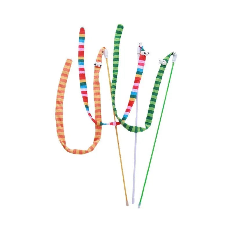 Green cat tease wand with a long plush strip and bell for interactive indoor play
