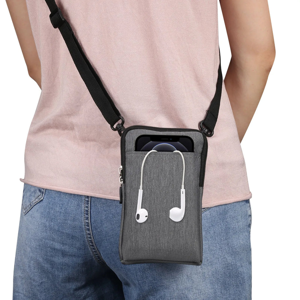 Solid colour waterproof neoprene diagonal cross-body waist bag shown in black, suitable for carrying smartphones.
