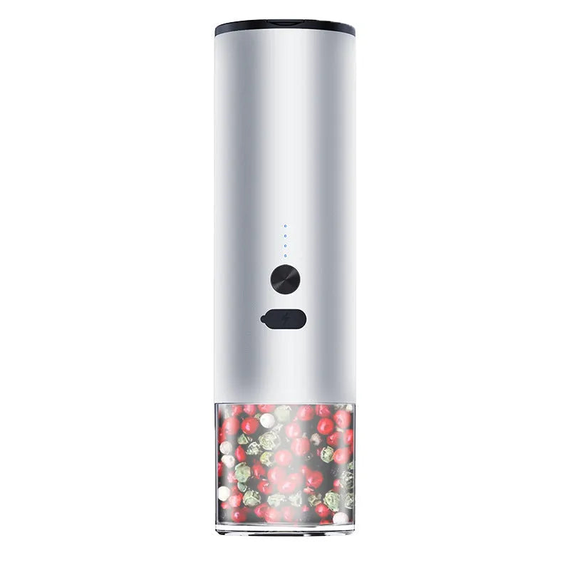 White or black electric salt pepper grinder with clear glass jar and stainless steel top
