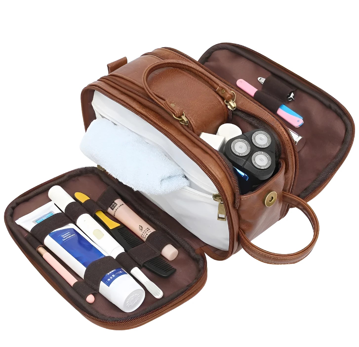 Men's black PU leather toiletry bag for travel storage of cosmetics and grooming products