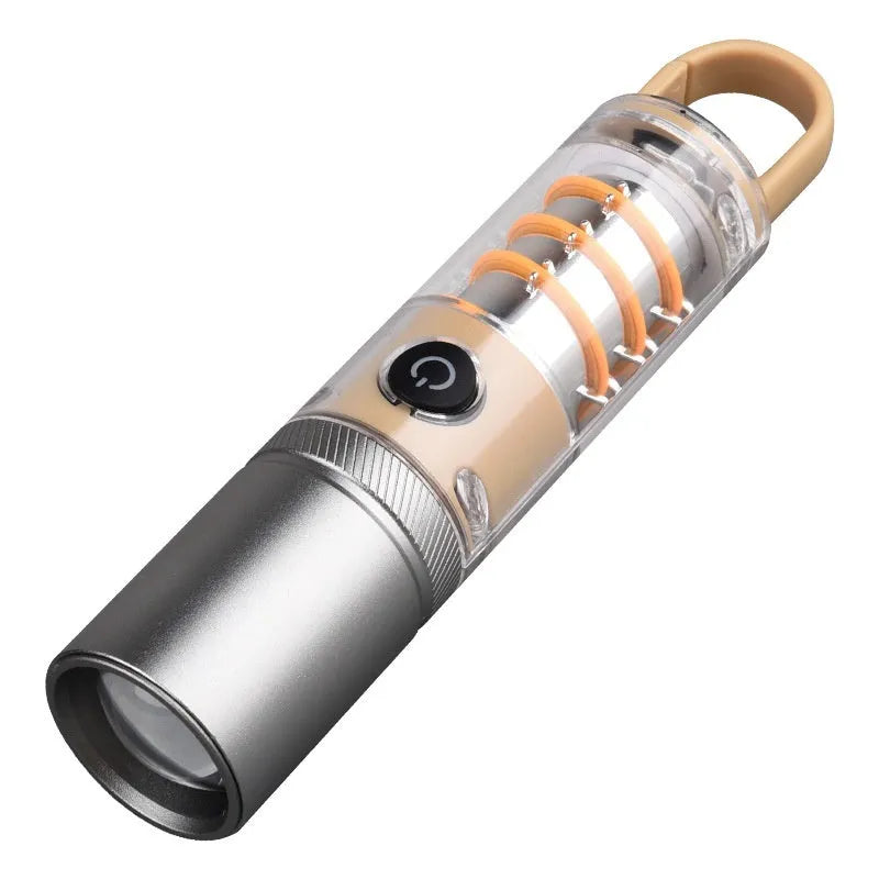 Orange and beige multifunctional flashlight with keychain and optical zoom feature
