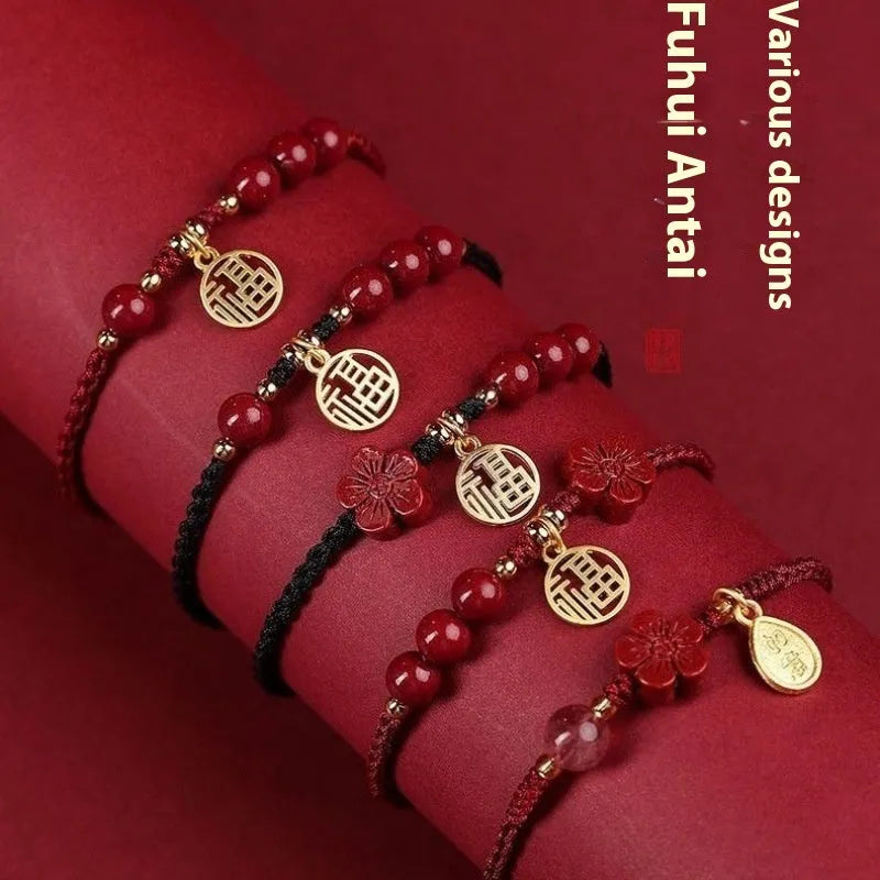 Cinnabar exam luck bracelet with braided rope strap and choice of bead or flower charm in ethnic style
