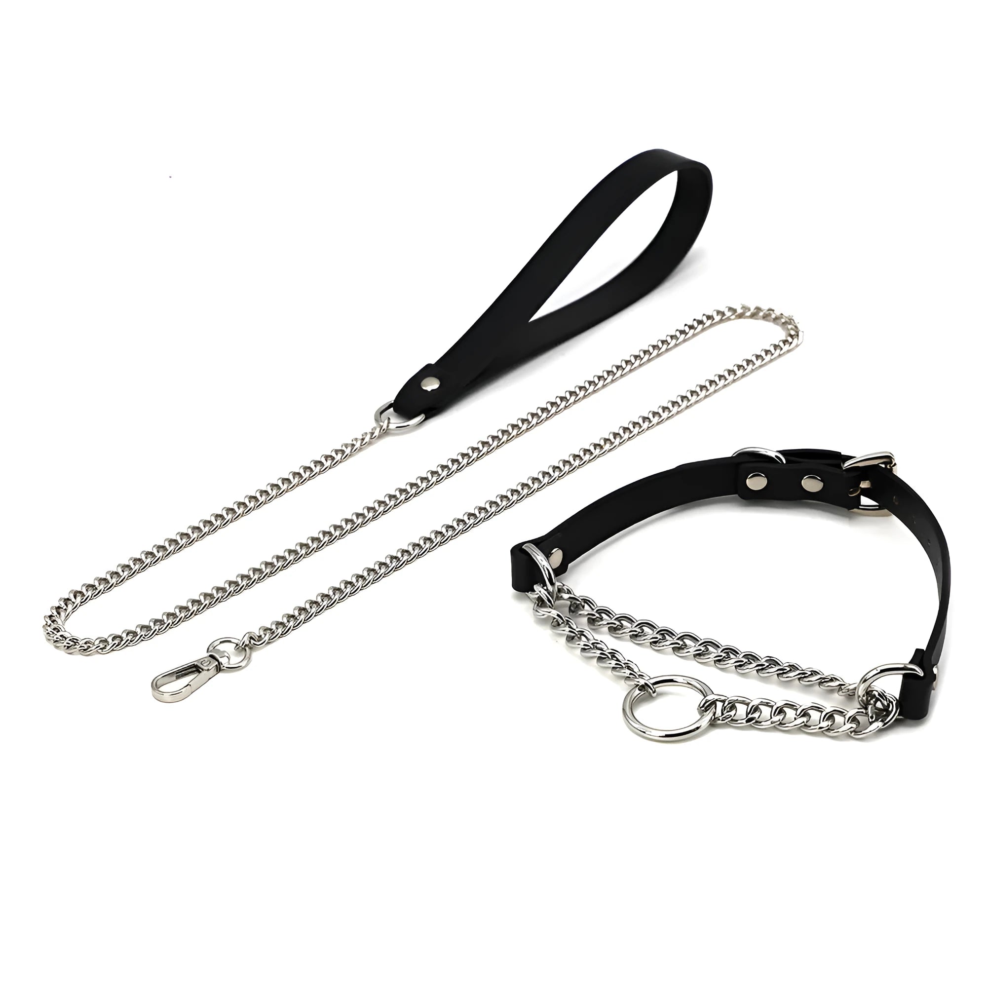 Black leather dog collar with chain tightening mechanism and matching leash on dark background