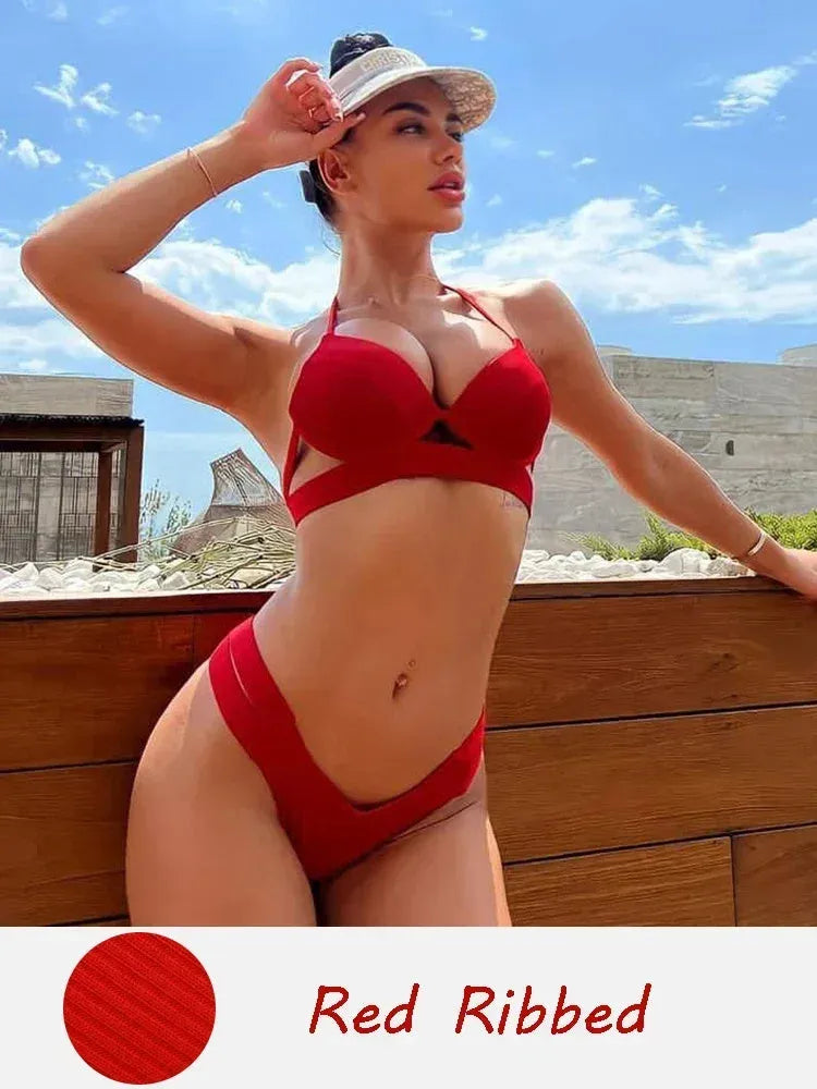 Women's backless skinny bikini swimwear set in leopard print, red, yellow, or black.