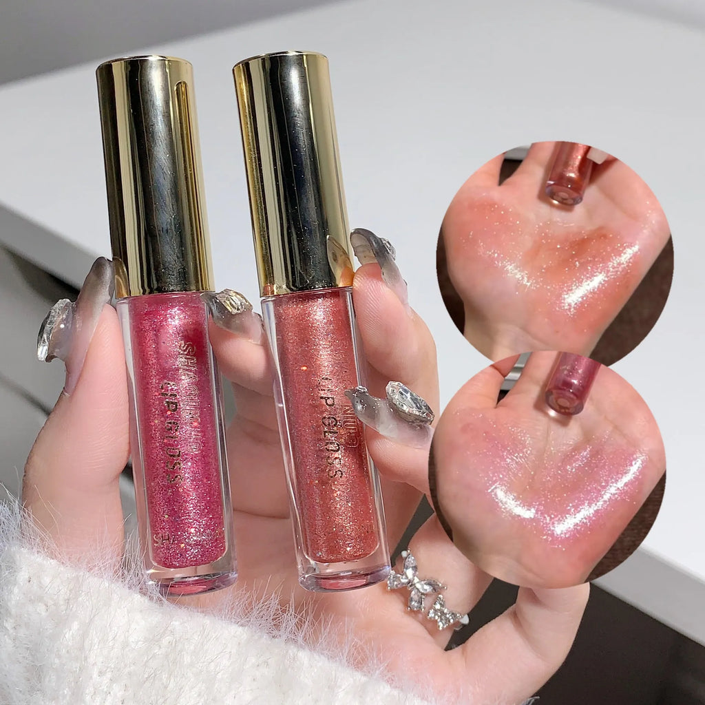 Shanuo moisturising lip gloss with water light mirror finish showing five colour options