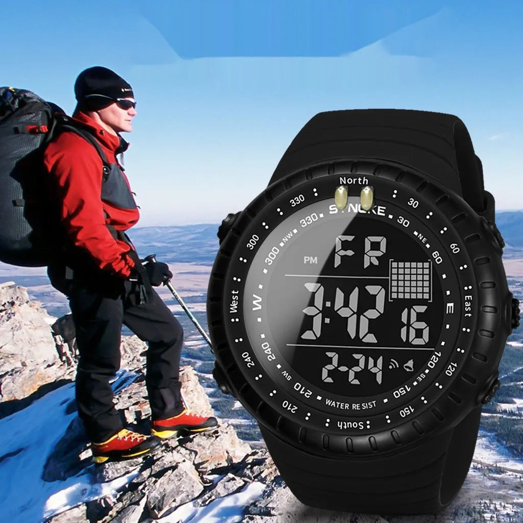 Black digital waterproof watch with large 54.74mm dial and textured PU strap on a wrist
