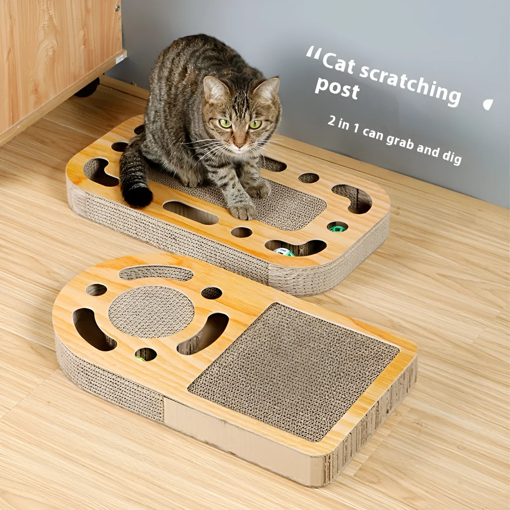 Corrugated paper cat scratching board with removable ball toy in multiple style options