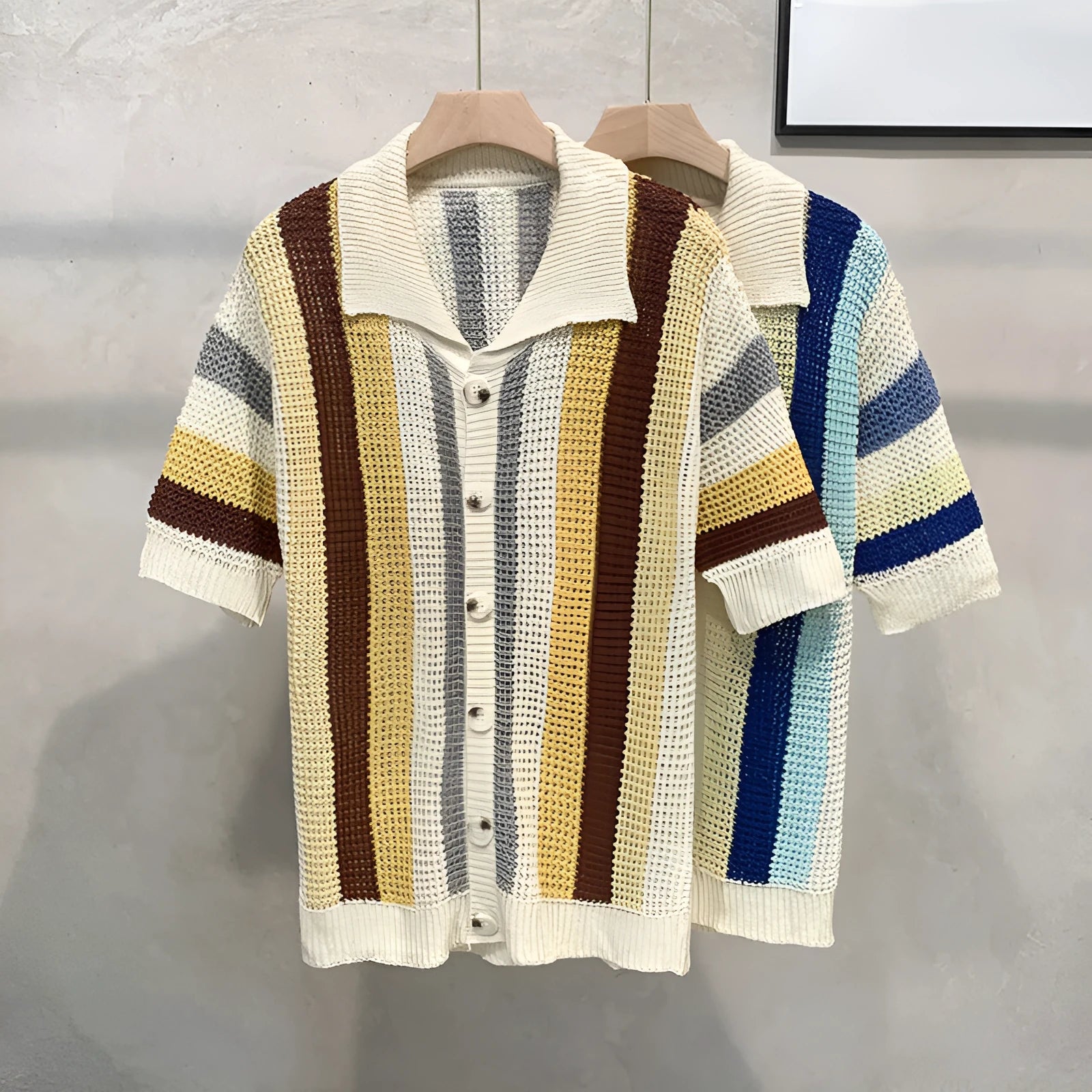 Dopamine Stripe Loose Casual Shirt for Men – pullover half sleeve top in yellow, polyester fabric