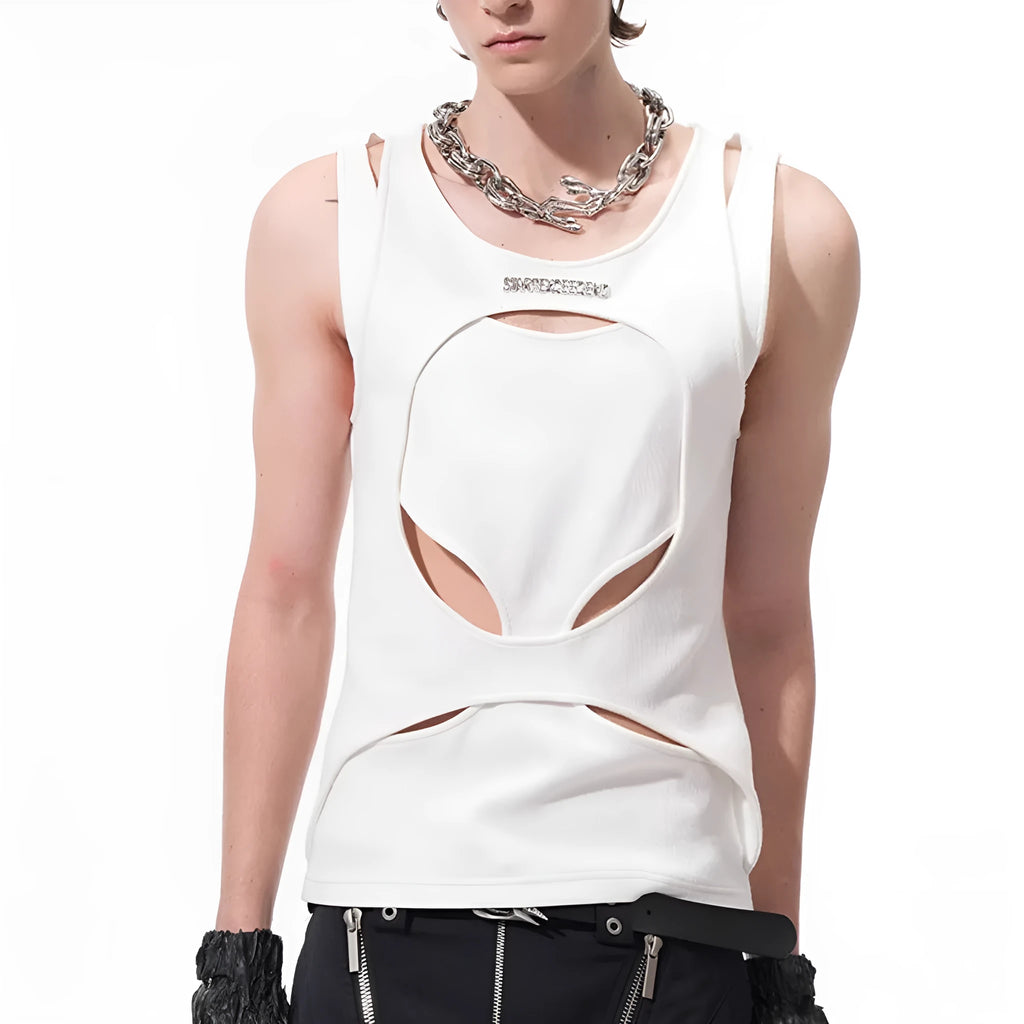 Men's black sleeveless waistcoat with hollow white thread construction and round neck collar