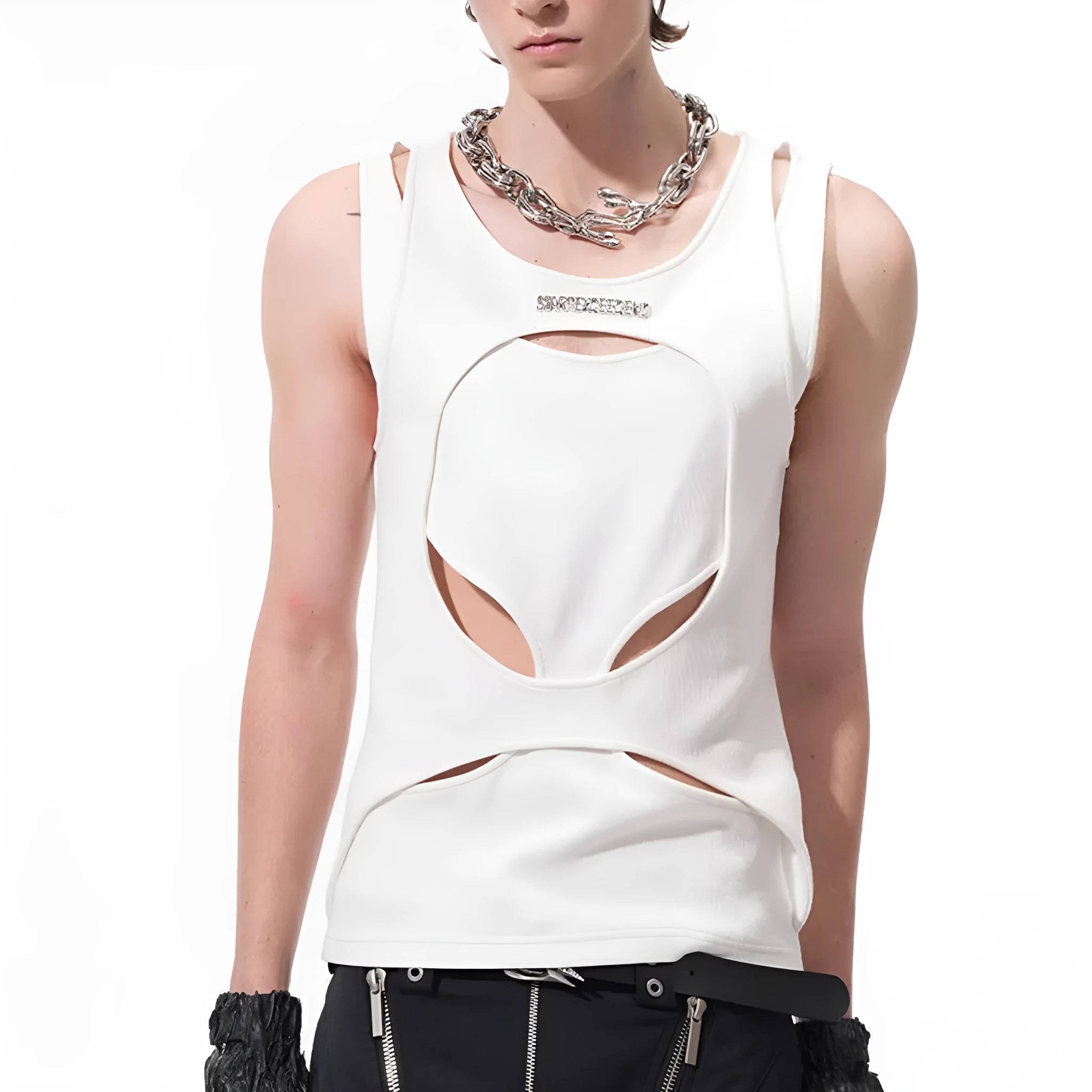 Men's black sleeveless waistcoat with hollow white thread construction and round neck collar