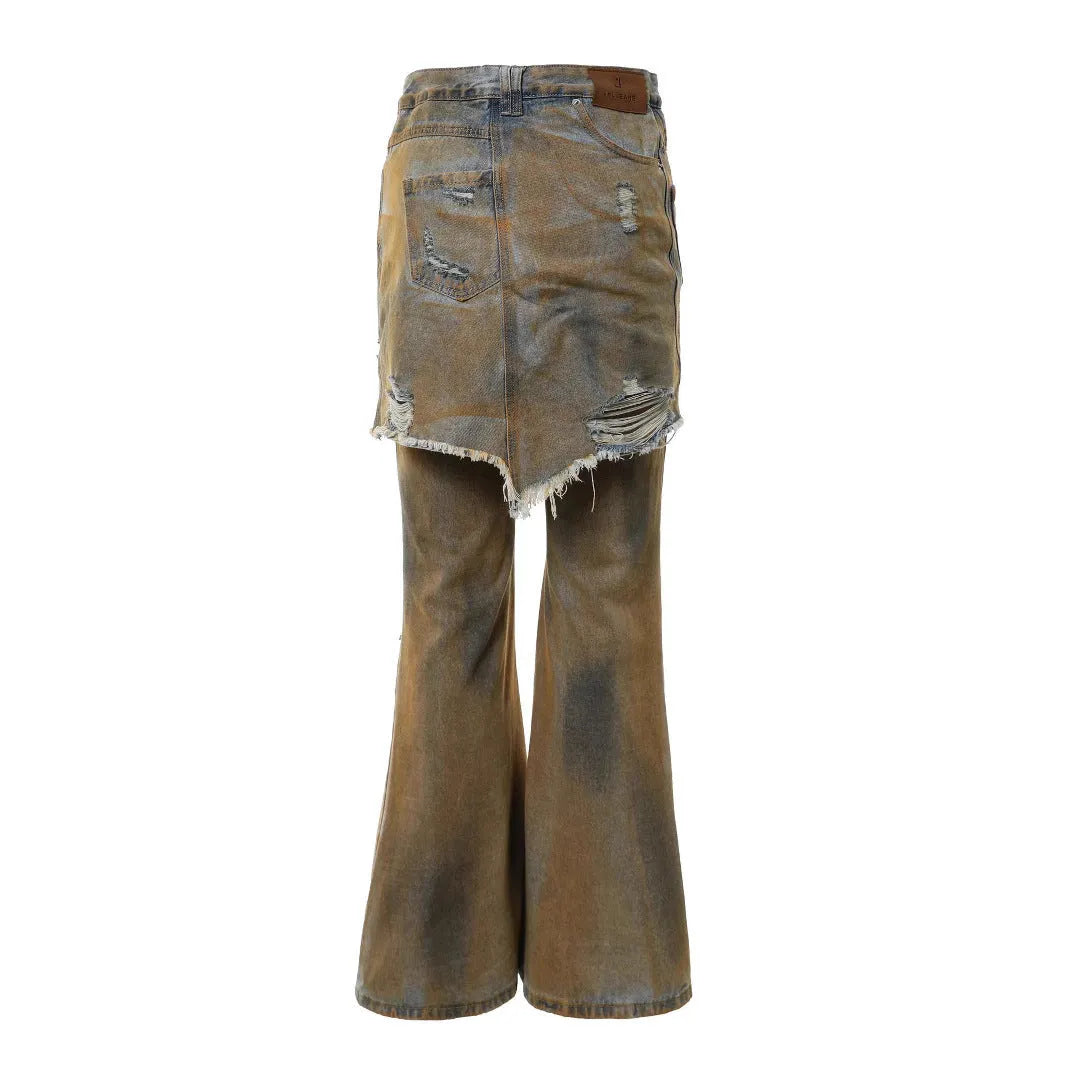 High-waisted bootcut denim trousers with straight leg and cardigan button fly
