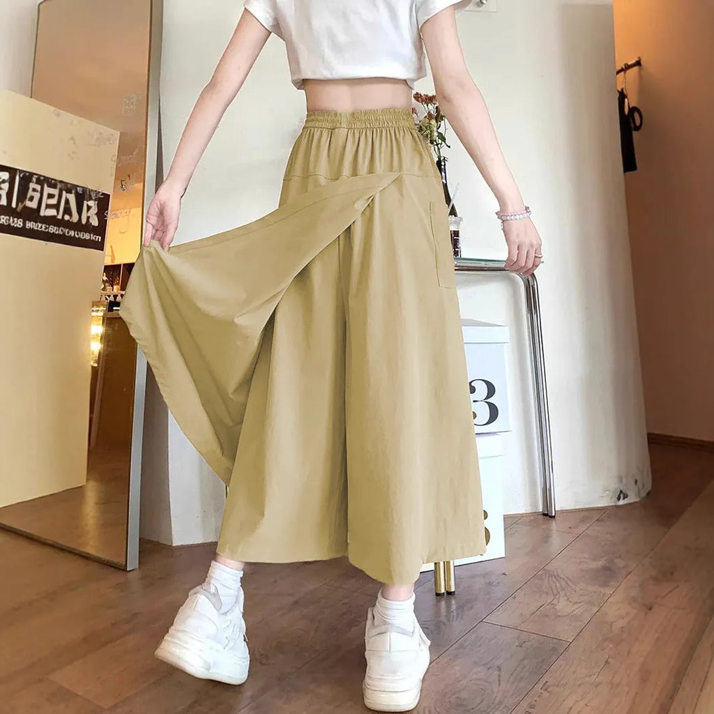 Camel coloured women's wide leg skirt with elastic waist and drape detailing