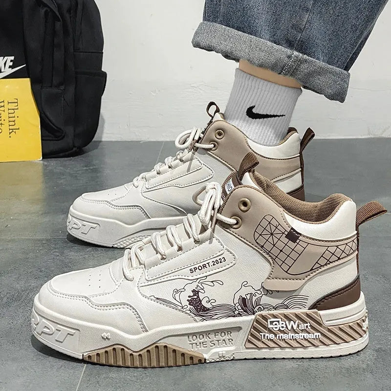 Men's beige, white, and blue high-top board shoes with lace-up front and rubber sole