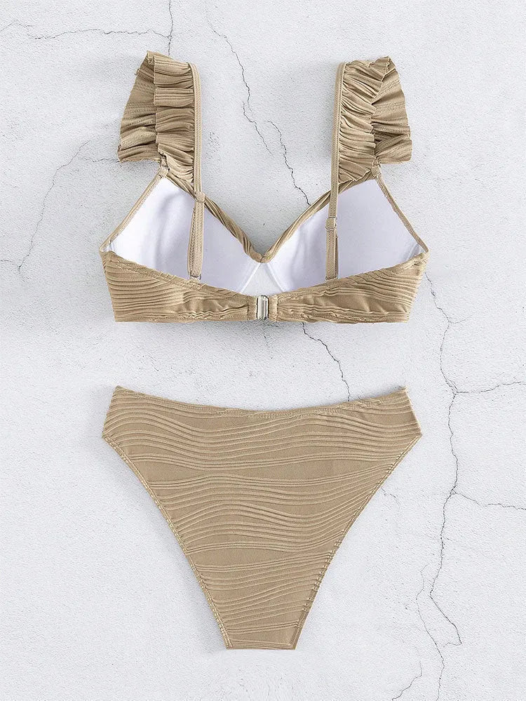 Women's solid colour bikini swimsuit in black or khaki with polyester fabric