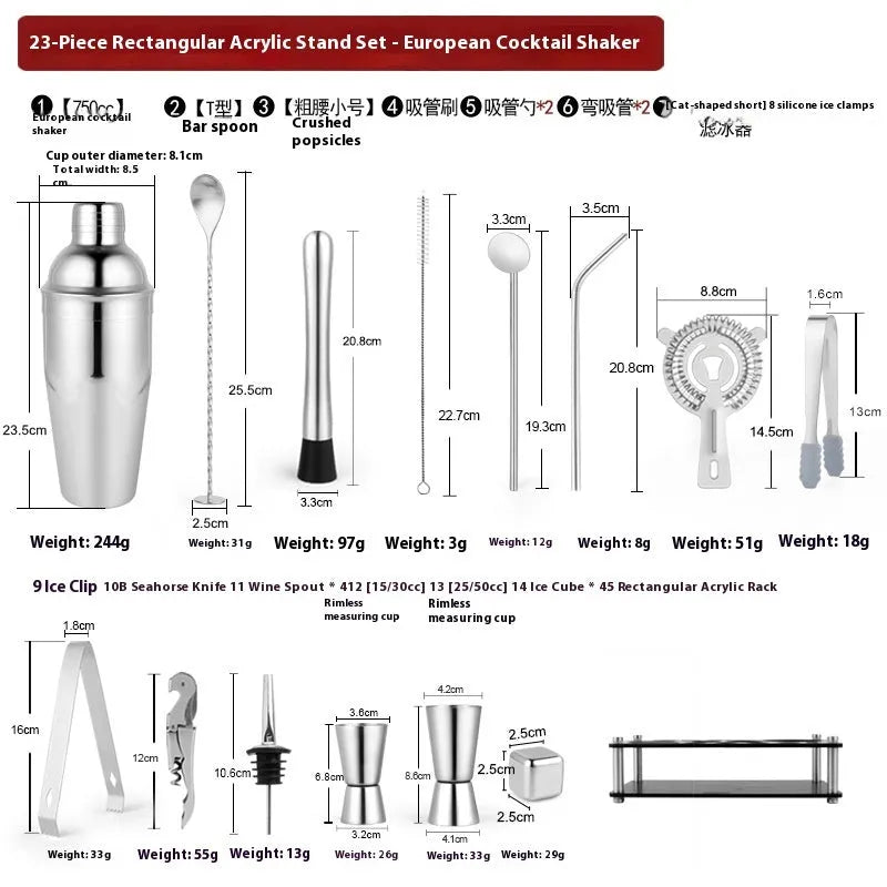 23-piece stainless steel cocktail set with clear acrylic handles and European design