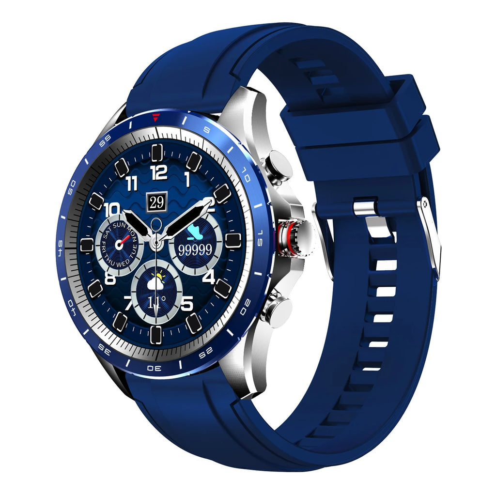 Men's black smart bracelet watch with zinc alloy screen and silicone wristband on a wrist.