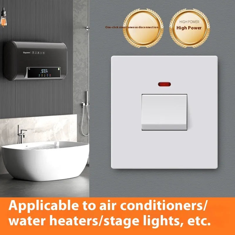 Double-pole illuminated electrical switch in gold, grey or white for water heater and air conditioner circuits