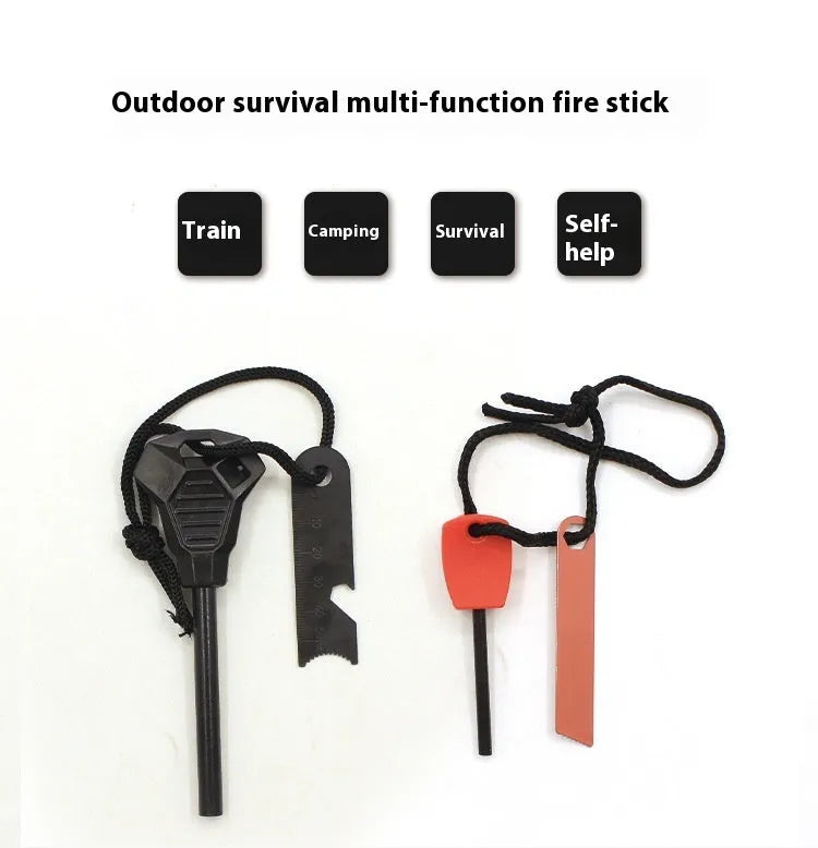 Black outdoor multifunctional survival flint tool with stainless steel scraper on a dark background.