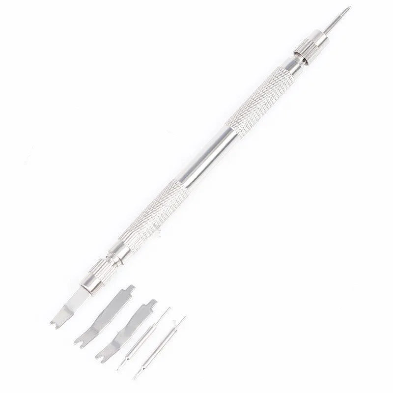 5-piece iron watch strap changing tool set with double end detachable earbud and spare needles in silver