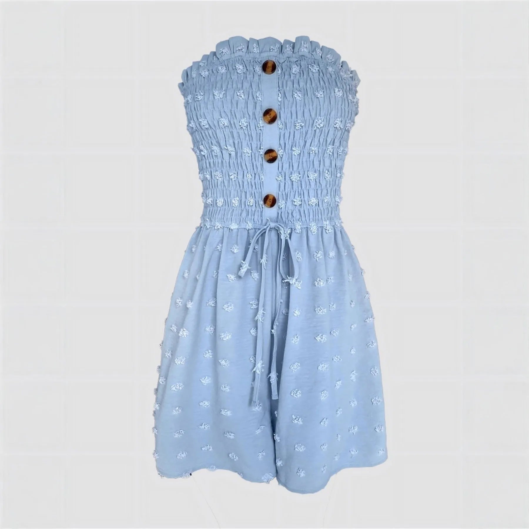 Solid colour off-shoulder sleeveless women's jumpsuit on a hanger, showing button detail and mid-waist design.