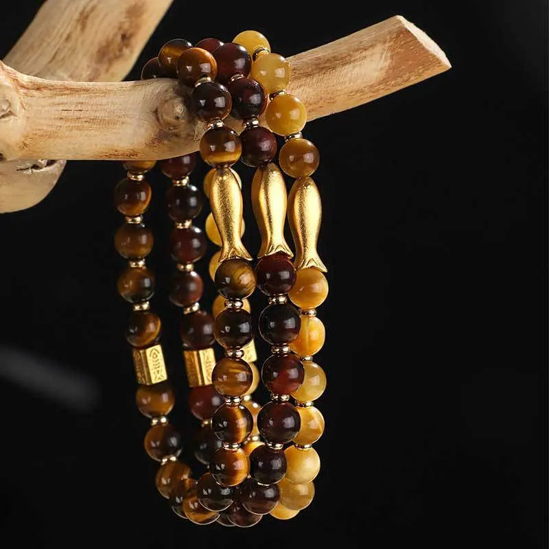 Handmade yellow tiger eye small fish charm beaded bracelet for women
