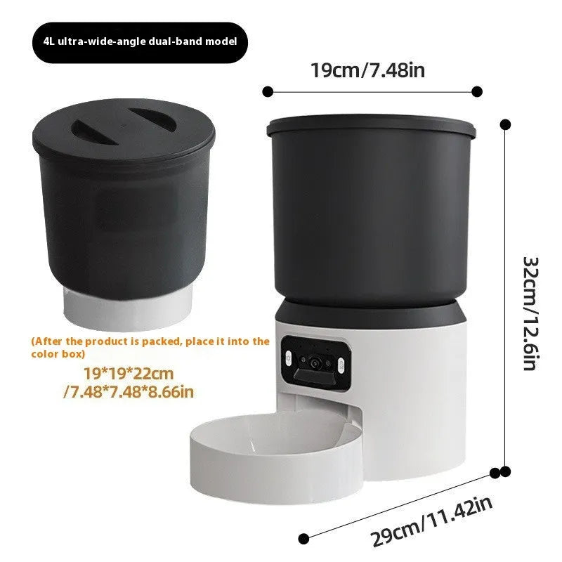 White 4L smart pet feeder with app control and optional camera on a kitchen floor.