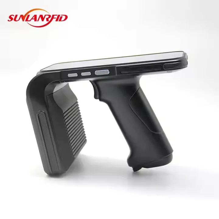 SLP-05 handheld Android UHF RFID reader with barcode scanner and fingerprint sensor.