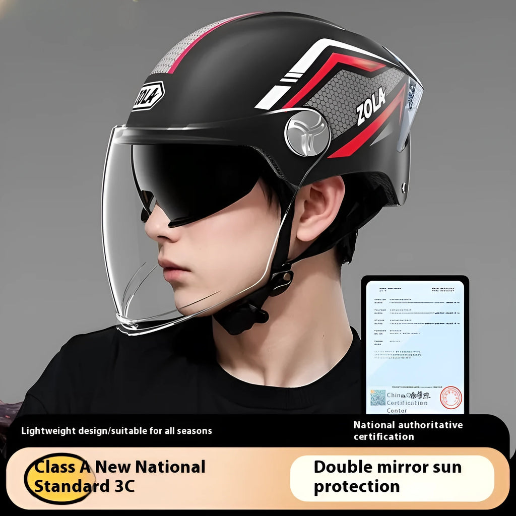 Motorcycle half helmet in various colours with a double mirror visor, shown on a neutral background.