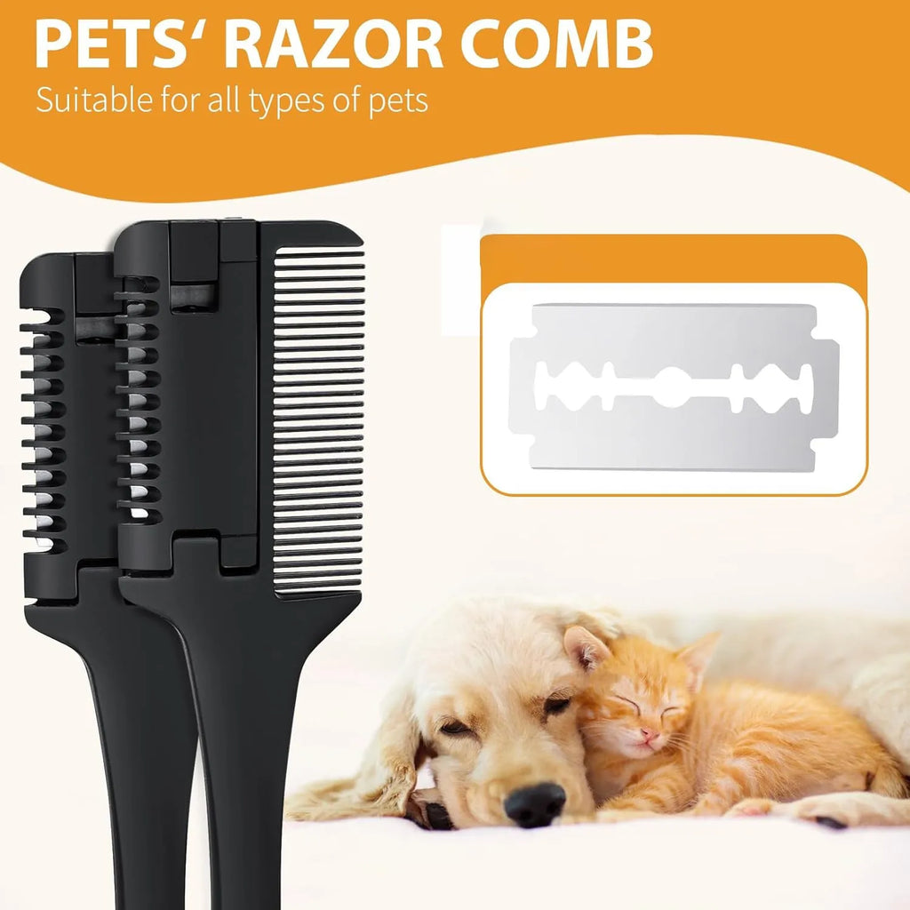 Pet razor comb with integrated trimmer blade and pack of ten replacement blades
