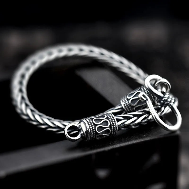 Vintage braided keel 925 silver bracelet for men retro wave style on wrist