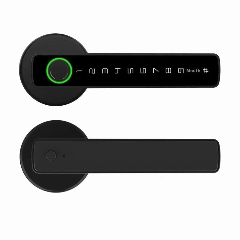 Black smart door lock with single handle design for indoor wooden doors featuring graffiti pass function