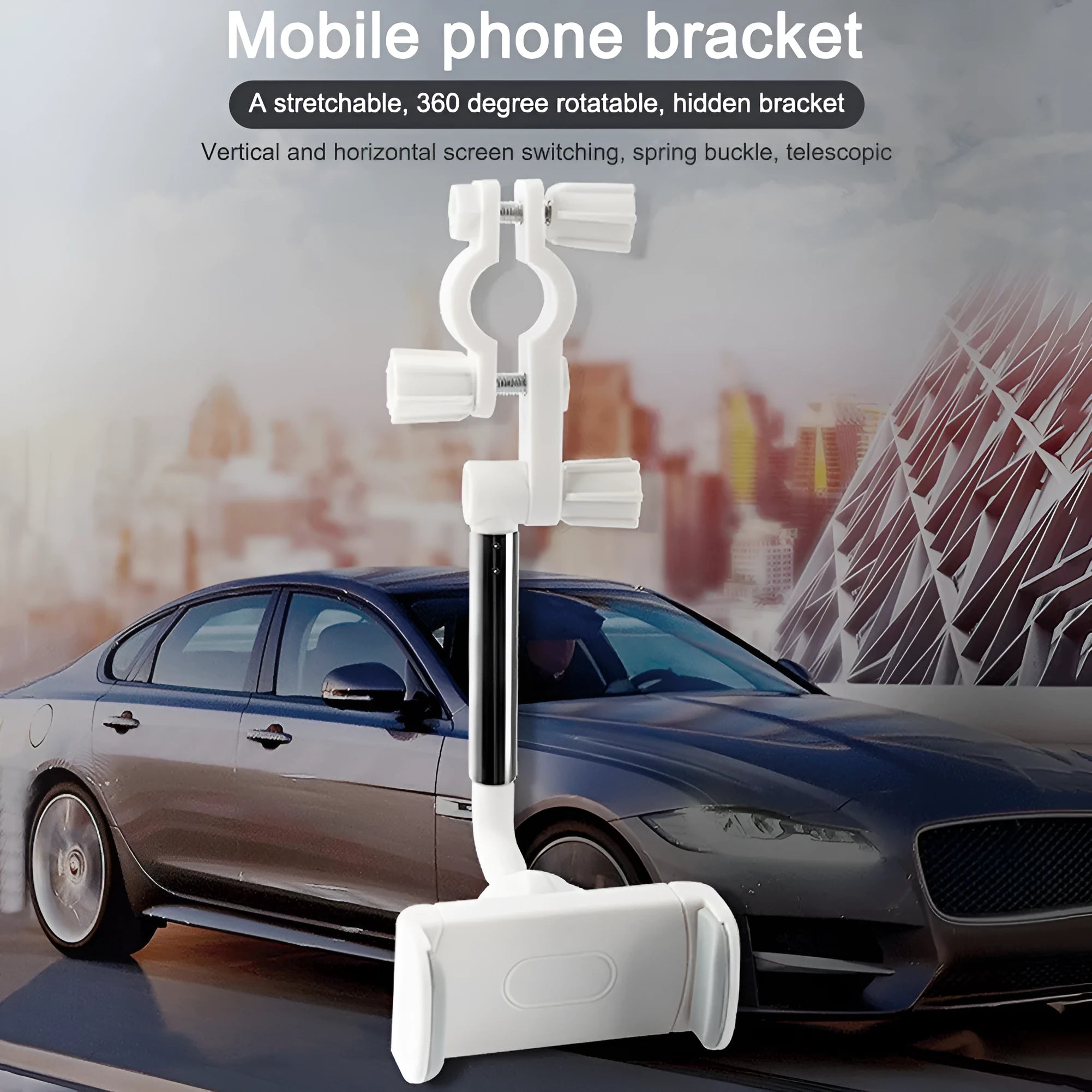 Black car phone holder mounted with 360-degree rotation adjustment mechanism visible