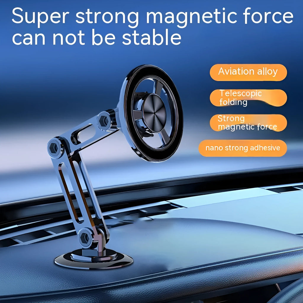 All-metal magnetic car phone holder in black, shown with magnetic rings and adhesive pads.