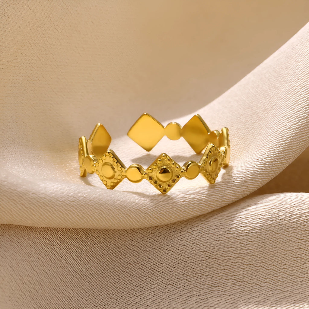 Gold diamond geometric titanium steel women's ring with free size adjustable design