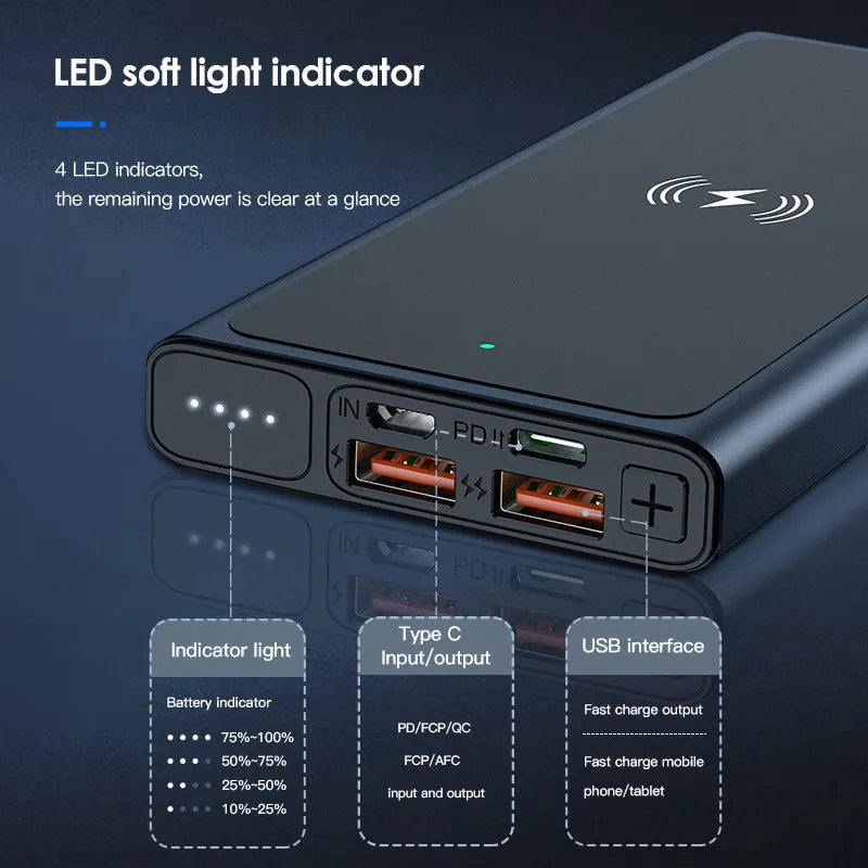 Black and blue square aluminium 10000mAh power bank with wireless charging function