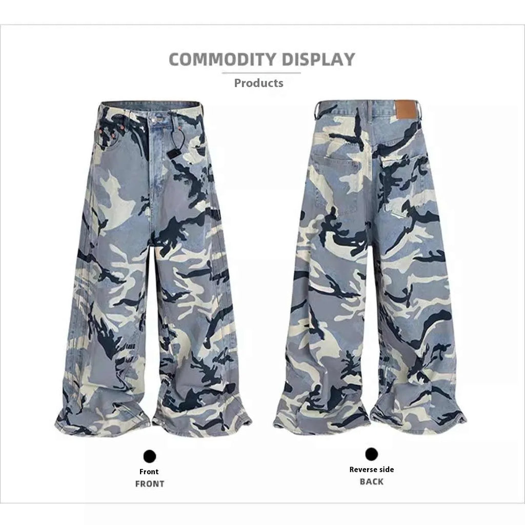 Snow camouflage blue loose fit jeans for men and women in cotton denim with micro-elastic fabric