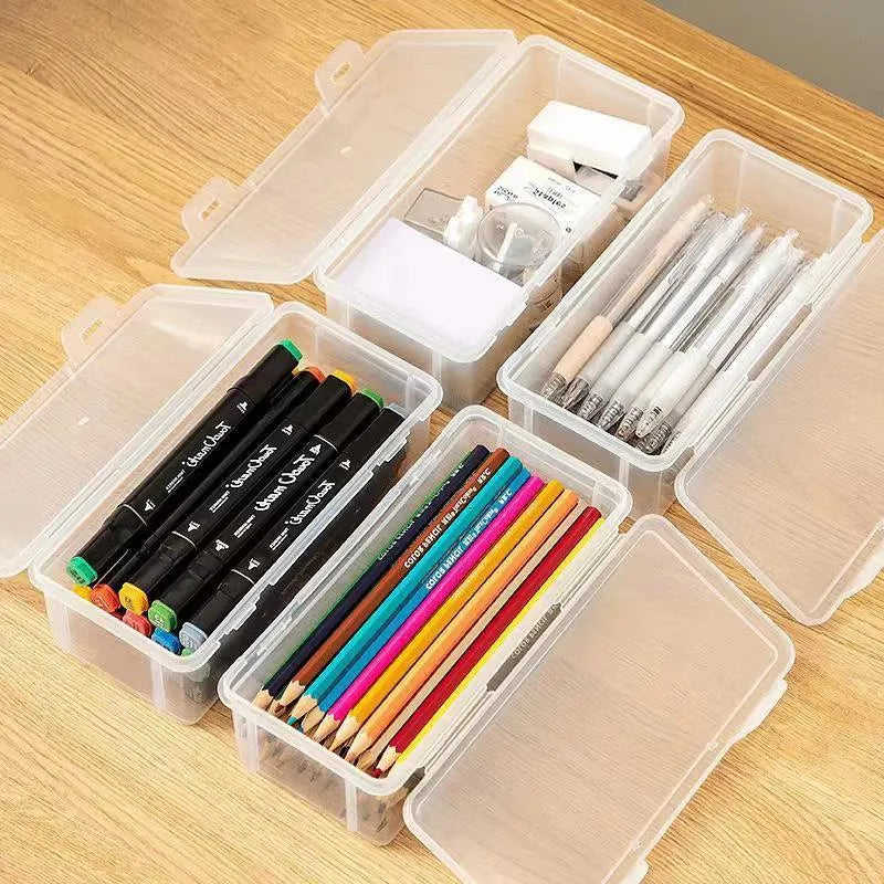 Transparent plastic stationery storage box for pencils and drawing tools
