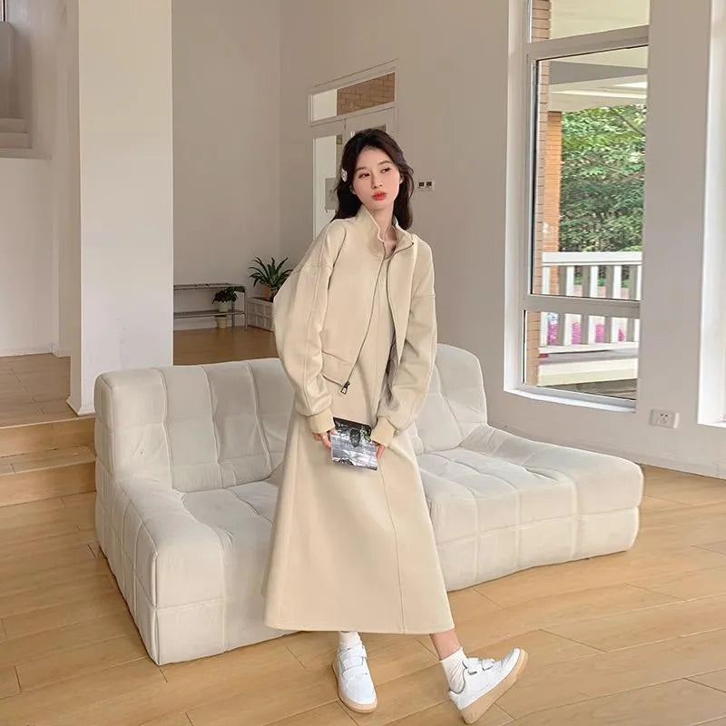 Women's solid colour western style zipper suit set with long sleeves, polyester fabric, sizes M to 4XL