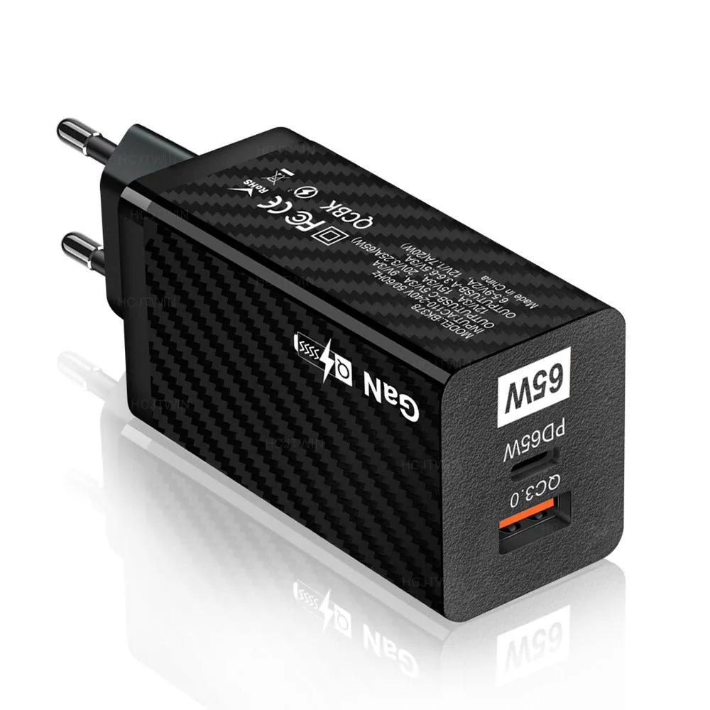 White Gallium Nitride 65W laptop charger with USB-C port showing compact 38mm width design