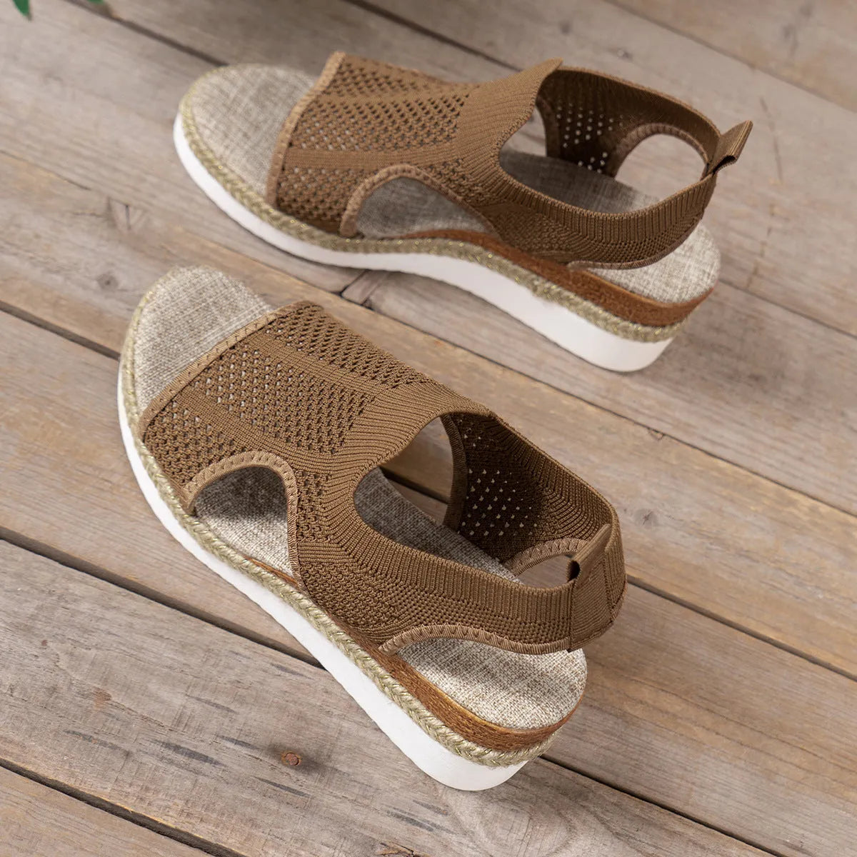 Women's hollow wedge peep-toe sandals in beige with patent leather upper and breathable mesh, side view